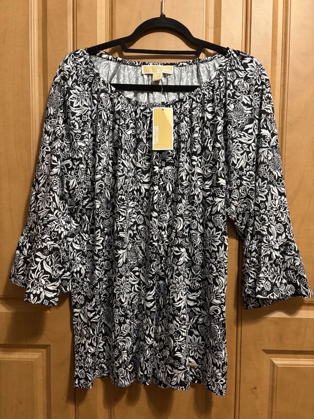 Michael Kors Women’s Black/White Print Knit Top 3/4 Sleeve 1X New
